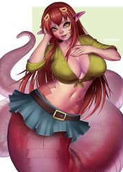 Rule 34 | 1girl, artist name, bad id, bad twitter id, belt, bokuman, breasts, fang, hair ornament, hair over breasts, hair over one breast, hair over shoulder, hairclip, hands on own breasts, lamia, large breasts, lips, long hair, looking at viewer, midriff, miia (monster musume), miniskirt, monster girl, monster musume no iru nichijou, navel, open mouth, pointy ears, realistic, red hair, scales, shirt, skirt, slit pupils, solo, tail, tied shirt, yellow eyes