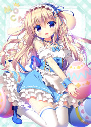 Rule 34 | 1girl, :d, animal ears, apron, blonde hair, blue bow, blue eyes, blue footwear, blue ribbon, blue skirt, blush, bow, commentary request, corset, easter egg, egg, food, frilled cuffs, frilled shirt, frilled skirt, frills, hair between eyes, hair bow, head tilt, heart, highres, holding, holding egg, holding food, kneeling, layered skirt, long hair, looking at viewer, maid apron, maid headdress, mary janes, neck ribbon, open mouth, original, oversized object, puffy short sleeves, puffy sleeves, rabbit ears, rabbit tail, ribbon, sasai saji, shirt, shoes, short sleeves, skirt, smile, solo, tail, thighhighs, white bow, white shirt, white thighhighs, wrist cuffs