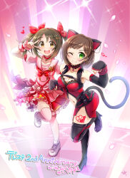 Rule 34 | 2girls, animal ears, bare shoulders, belt, black footwear, black gloves, blush, bodysuit, boots, bow, bowtie, breast tattoo, breasts, brown eyes, brown hair, cat ears, character name, choker, cleavage, closed mouth, collarbone, dot nose, earrings, elbow gloves, fake animal ears, falling petals, fang, fingerless gloves, footprints, frilled skirt, frills, front slit, full body, garter straps, gloves, green eyes, hair bow, hair ornament, hair ribbon, hairclip, hands up, heart, high heel boots, high heels, highres, idolmaster, idolmaster cinderella girls, idolmaster cinderella girls starlight stage, imai kana, jewelry, kibihimi, large breasts, layered skirt, leg tattoo, looking at viewer, maekawa miku, medium breasts, midriff, multiple girls, navel, one eye closed, open mouth, paw pose, petals, pink background, pink footwear, pink sailor collar, pink scrunchie, pink shirt, pink thighhighs, polka dot, polka dot skirt, puffy short sleeves, puffy sleeves, red bodysuit, red bow, red bowtie, red choker, red ribbon, red trim, ribbon, sailor collar, scrunchie, shirt, shoes, short hair, short sleeves, side slit, signature, skirt, smile, sneakers, sparkle, standing, standing on one leg, striped bow, striped bowtie, striped clothes, striped ribbon, striped shirt, tattoo, teeth, thigh boots, thighhighs, twintails, two-tone choker, upper teeth only, utility belt, v, v-shaped eyebrows, wrist scrunchie