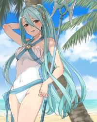 Rule 34 | 1girl, adapted costume, alternate costume, alternate hairstyle, aqua hair, azura (fire emblem), bare legs, beach, breasts, brown eyes, cloud, cloudy sky, covered navel, cowboy shot, day, fire emblem, fire emblem fates, hair between eyes, hairband, hand in own hair, haru (nakajou-28), highres, long hair, looking at viewer, medium breasts, nintendo, ocean, one-piece swimsuit, outdoors, palm tree, polearm, ponytail, shade, sky, sleeveless, smile, solo, swimsuit, tree, trident, weapon, white one-piece swimsuit