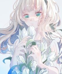 Rule 34 | 1girl, blonde hair, blush, closed mouth, commentary, crying, crying with eyes open, flower, green eyes, hairband, highres, holding, holding flower, long hair, looking at viewer, miz (elle), original, shirt, short sleeves, simple background, solo, tears, tulip, upper body, white background, white flower, white shirt, white tulip