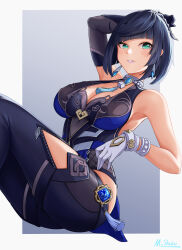 Rule 34 | 1girl, absurdres, arm up, armpits, ass, asymmetrical gloves, bare shoulders, black hair, blush, bob cut, bodysuit, border, bracelet, breasts, cleavage, diagonal bangs, earrings, elbow gloves, genshin impact, gloves, green eyes, highres, hip vent, jewelry, large breasts, looking at viewer, mismatched gloves, mole, mole on breast, parted lips, short hair, single elbow glove, sitting, solo, tassel, thighs, vision (genshin impact), white border, white gloves, wstmlisa, yelan (genshin impact)
