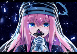 Rule 34 | 1girl, black dress, blue eyes, blue hair, blush, closers, commentary request, covered mouth, cross, crying, crying with eyes open, dress, gloves, hair between eyes, hands up, holding, letterboxed, long hair, long sleeves, looking at viewer, multicolored hair, nun, pink hair, seulbi lee, sidelocks, signature, solo, streaked hair, tears, tiasye, two-handed, upper body, veil, white gloves