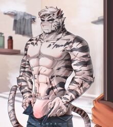 Rule 34 | 2boys, ?, abs, absurdres, alternate muscle size, alternate pectoral size, animal ears, arknights, bara, blue eyes, bulge, caught, covered penis, cowboy shot, dressing, facial hair, frown, furry, furry male, goatee, highres, i&#039;ve never seen a guy recreate this successfully tbh (meme), lokalokawhite, male focus, male underwear, meme, mountain (arknights), multiple boys, muscular, muscular male, navel, nipples, open door, open pants, pants, pants lift, pectorals, pov, pov hands, scar, scar across eye, see-through, short hair, solo focus, stomach, thick eyebrows, thick thighs, thighs, tiger boy, tiger ears, topless male, undersized clothes, underwear, wet, wet clothes, wet male underwear, white hair, white male underwear