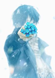 Rule 34 | 1boy, akabane tsubasa, black hair, blue theme, blurry, cover, depth of field, flower, forget-me-not (flower), jacket, loundraw, male focus, nowhere man, outstretched arm, short hair, snowing, solo