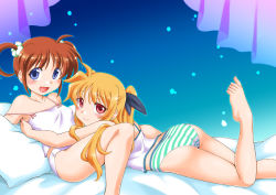 Rule 34 | 00s, 2girls, :d, ass, bare shoulders, blonde hair, blue eyes, brown hair, camisole, fate testarossa, hair ribbon, hug, leg up, looking at viewer, lying, lyrical nanoha, mahou shoujo lyrical nanoha, multiple girls, nishi kita, on bed, on stomach, open mouth, panties, pillow, red eyes, ribbon, short twintails, smile, strap slip, striped clothes, striped panties, takamachi nanoha, twintails, underwear, white panties, yuri