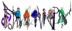 Rule 34 | 3boys, 4girls, absurdly long hair, absurdres, androgynous, asymmetrical clothes, bad id, bad pixiv id, black hair, black leggings, black pants, blonde hair, blue eyes, blue hair, blue jacket, bow (weapon), breasts, capelet, clothing cutout, dress, dual wielding, eighth note, expressionless, eyepatch, flat sign, forte (symbol), frilled dress, frills, full body, gloves, gold trim, green eyes, green hair, green jacket, high collar, highres, holding, holding weapon, huge weapon, jacket, large hands, leggings, light smile, lineup, loafers, long hair, looking at viewer, mecha danshi, mecha musume, multicolored eyes, multicolored hair, multiple boys, multiple girls, musical note, necktie, neon trim, orange eyes, orange hair, orange jacket, original, pants, pantyhose, piano (symbol), ponytail, prosthesis, prosthetic arm, prosthetic leg, purple eyes, purple hair, quarter note, red eyes, red hair, scythe, sharp sign, shoes, short hair, shoulder cutout, skirt, small breasts, staff, straight hair, streaked hair, sword, thighhighs, treble clef, tsuki-shigure, very long hair, weapon, white background, white hair, white pants, wide sleeves, yellow eyes