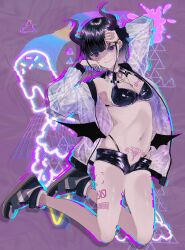 Rule 34 | 1girl, abstract background, absurdres, arms up, black hair, black wings, breasts, chromatic aberration, commentary request, commission, demon girl, fang, full body, glitch, gradient hair, hayashidahana, highres, holographic clothing, jacket, jewelry, looking at viewer, low wings, medium breasts, micro shorts, multicolored hair, navel, necklace, open clothes, open jacket, original, pubic tattoo, purple eyes, shoes, shorts, skeb commission, smile, sneakers, solo, tattoo, unzipped, wings