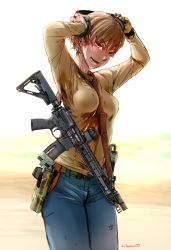 Rule 34 | 1girl, assault rifle, between breasts, breasts, cowboy shot, didloaded, ear protection, gloves, gun, handgun, highres, holster, m4 carbine, military operator, open mouth, original, red eyes, rifle, short hair, signature, solo, strap between breasts, sweat, sweat stain, weapon