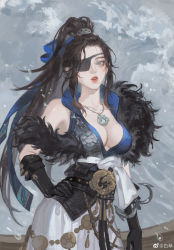 Rule 34 | 1girl, absurdres, bai qin, black gloves, blue eyes, blue ribbon, breasts, brown hair, collared dress, cui sanniang (yong jie wujian), dress, eyepatch, fur trim, gloves, hand on own hip, highres, jewelry, medium breasts, necklace, open mouth, ponytail, ribbon, scales, skirt, snowing, solo, teeth, white skirt, yong jie wujian