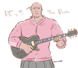 Rule 34 | 1boy, bald, bocchi the rock!, cube hair ornament, electric guitar, fusion, gibson les paul, gotoh hitori, guitar, hair ornament, holding, holding instrument, instrument, jacket, muscular, muscular male, nagian, one side up, pink jacket, pink track suit, pun, real life, standing, the rock (dwayne johnson), track jacket, white background