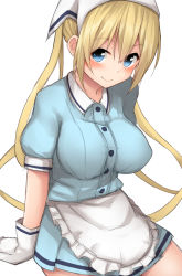 Rule 34 | 1girl, apron, arm support, blend s, blonde hair, blue eyes, blue shirt, blue skirt, blush, breasts, closed mouth, collared shirt, commentary request, frilled apron, frills, gloves, hair between eyes, head scarf, highres, hinata kaho, large breasts, long hair, looking at viewer, mizushina minato, pleated skirt, shirt, simple background, sitting, skirt, smile, solo, twintails, uniform, very long hair, waist apron, waitress, white apron, white background, white gloves