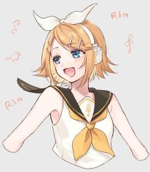 Rule 34 | 1girl, :d, black sailor collar, blonde hair, blue eyes, bow, character name, chisumi, commentary request, cropped torso, grey background, hair bow, hair ornament, hairband, hairclip, kagamine rin, musical note, open mouth, sailor collar, school uniform, serafuku, shirt, short hair, simple background, sleeveless, sleeveless shirt, smile, solo, upper body, vocaloid, white bow, white shirt, yellow neckwear