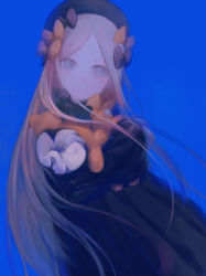 Rule 34 | 1girl, abigail williams (fate), absurdres, black bow, black dress, black headwear, blonde hair, blue background, bow, cowboy shot, daisi gi, dress, fate/grand order, fate (series), floating hair, grey eyes, hair bow, highres, holding, holding stuffed toy, long hair, looking at viewer, multiple hair bows, orange bow, parted bangs, simple background, sleeves past fingers, sleeves past wrists, solo, stuffed animal, stuffed toy, teddy bear, very long hair