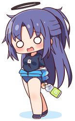 Rule 34 | 1girl, black footwear, black shirt, blue archive, blue buruma, blue jacket, blush, bottle, breasts, buruma, chibi, colored shadow, full body, halo, hana kazari, highres, holding, holding bottle, jacket, lanyard, long hair, long sleeves, looking at viewer, o o, off shoulder, open clothes, open jacket, open mouth, parted bangs, ponytail, puffy long sleeves, puffy sleeves, purple hair, shadow, shirt, shoes, simple background, small breasts, solo, standing, track jacket, very long hair, water bottle, wavy mouth, white background, yuuka (blue archive), yuuka (track) (blue archive)