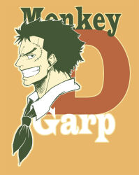 Rule 34 | 1boy, ameng0125, black eyes, black hair, character name, chinese commentary, clenched teeth, close-up, commentary request, male focus, monkey d. garp, one piece, orange background, profile, scar, scar on face, short hair, smile, solo, teeth