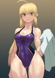Rule 34 | absurdres, ahoge, alternate hairstyle, artoria pendragon (all), artoria pendragon (fate), bad anatomy, blonde hair, breasts, cleavage, collarbone, competition swimsuit, contrapposto, covered navel, cowboy shot, fate/stay night, fate (series), gluteal fold, gradient background, green eyes, highres, long hair, looking at viewer, official alternate costume, one-piece swimsuit, purple one-piece swimsuit, saber (fate), saber (summer battle clothes) (fate), skin tight, solo, sookmo, standing, swimsuit, towel, wet, wide hips