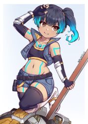Rule 34 | 1girl, blue hair, boots, brown eyes, chest jewel, denim, elbow gloves, fiery hair, fingerless gloves, fire, gloves, highres, jeans, nauskills, navel, pants, sena (xenoblade), shirt, short shorts, shorts, simple background, solo, thick thighs, thighhighs, thighs, vest, white background, xenoblade chronicles (series), xenoblade chronicles 3