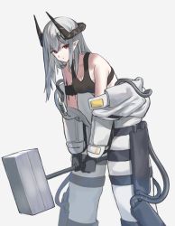 Rule 34 | 1girl, arknights, armband, bare shoulders, black gloves, breasts, cleavage, commentary, cowboy shot, gloves, grey background, hammer, highres, holding, holding hammer, holding weapon, horns, large breasts, long hair, long sleeves, looking at viewer, material growth, mudrock (arknights), natoriusu sansei, off shoulder, oripathy lesion (arknights), pointy ears, silver hair, simple background, solo, sports bra, standing, weapon