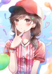 1girl 25-ji_nightcord_de._(project_sekai) baseball_cap blush brown_eyes brown_hair closed_mouth collared_shirt hair_ornament hairclip hand_up hat heart heart_hair_ornament highres long_hair looking_at_viewer low_twintails namamake project_sekai red_shirt shinonome_ena shirt short_sleeves solo striped_clothes striped_shirt twintails upper_body v wristband