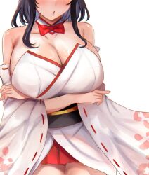Rule 34 | adapted costume, arms under breasts, bare shoulders, black hair, breasts, cherry blossom print, collarbone, detached sleeves, floral print, head out of frame, highres, huge breasts, kantai collection, miniskirt, miyako (rgrayt), necktie, short hair, simple background, skirt, yamashiro (kancolle)