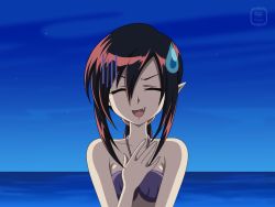 Rule 34 | 1boy, androgynous, annoyed, bikini, bikini top only, black hair, blue background, closed eyes, embarrassed, fang, hand on own chest, highres, jewelry, lady bat, long hair, male focus, mermaid, mermaid melody pichi pichi pitch, monster boy, monster girl, necklace, open mouth, pointy ears, ponytail, red hair, remyfive, sky, smile, star (sky), starry sky, straight hair, swimsuit