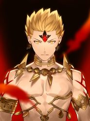 Rule 34 | 1boy, armlet, blonde hair, commentary request, earrings, fate/grand order, fate/grand order arcade, fate (series), feet out of frame, gilgamesh (fate), ginka sima, highres, jewelry, male focus, nebuchadenezzar (fate), necklace, official alternate costume, red eyes, revealing clothes, short hair, solo, toned