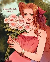 Rule 34 | 1girl, aerith gainsborough, aerith gainsborough (pink dress), bangle (animal crossing), bare shoulders, bouquet, breasts, brown hair, dress, final fantasy, final fantasy vii, final fantasy vii remake, flower, green background, green eyes, hair ribbon, happy birthday, holding, holding bouquet, jewelry, leaf, lipstick, long hair, makeup, medium breasts, necklace, official alternate costume, parted bangs, parted lips, pink dress, pink flower, pink ribbon, pink rose, ribbon, rose, sidelocks, sleeveless, sleeveless dress, smile, solo, square enix, thar chandran, upper body, wall market, wavy hair
