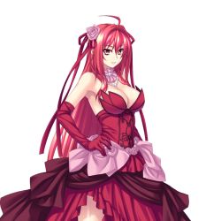 Rule 34 | 1girl, ahoge, breasts, cleavage, corticarte apa lagranges, dress, elbow gloves, flower, gloves, hair between eyes, hair flower, hair ornament, jewelry, kannatsuki noboru, large breasts, long hair, necklace, non-web source, aged up, red dress, red eyes, red hair, shinkyoku soukai polyphonica, side slit, solo, transparent background, very long hair