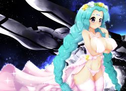 Rule 34 | 1girl, aqua hair, braid, breasts, cameltoe, canal vorfeed, closed mouth, collarbone, commission, cowboy shot, dress, ether core, facial mark, finger to mouth, flower, forehead mark, garter straps, gloves, hair flower, hair ornament, jewelry, large breasts, long hair, looking at viewer, lost universe, midriff, navel, purple eyes, revealing clothes, shiny skin, skirt, smile, solo, space, spacecraft, stomach, thighhighs, thighs, twin braids, universe, veil, wedding