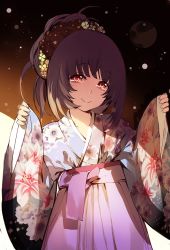 Rule 34 | 1girl, brown hair, hair ornament, japanese clothes, kimono, lia-sama, original, red eyes, smile, solo