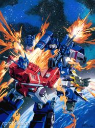 Rule 34 | autobot, blue eyes, cannon, commission, decepticon, fighting, fire, looking to the side, marble-v, mecha, no humans, optimus prime, planet, robot, shoulder cannon, soundwave (transformers), space, transformers, visor, watermark