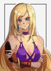 Rule 34 | 1girl, :t, annoyed, blonde hair, blue eyes, breast hold, breasts, choker, cleavage, crossed arms, dress, earrings, fingerless gloves, gloves, gold bracelet, high heels, highres, jenet behrn, jewelry, large breasts, long hair, looking at viewer, ponii, pout, purple dress, snk, the king of fighters, the king of fighters xv