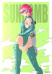 Rule 34 | 1girl, ass, bare shoulders, boots, breasts, earrings, exoskeleton, fingerless gloves, from behind, gloves, green eyes, hand on own hip, highres, jewelry, mecha musume, mechanical arms, mechanical parts, medium breasts, muscular, muscular female, original, prosthesis, prosthetic arm, prosthetic hand, red hair, science fiction, sideboob, signature, sleeveless, solo, tattoo, thigh boots, zippedsquire