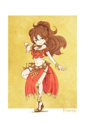 Rule 34 | 1girl, blush, bracelet, brown hair, chibi, dancer, jewelry, long hair, looking at viewer, navel, necklace, octopath traveler, octopath traveler i, open mouth, ponytail, primrose azelhart, shouta (shbz), simple background, smile, solo