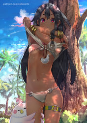 Rule 34 | 1boy, 1girl, alternate hair length, alternate hairstyle, arms up, artist name, bad id, bad pixiv id, bikini, bikini under clothes, bird, black hair, bracelet, breasts, choi mochimazzui, clothes lift, cloud, dark-skinned female, dark skin, dera mochimazzui, feathers, gluteal fold, hair ornament, highres, jewelry, lifting own clothes, long hair, navel, o-ring, aged up, outdoors, red eyes, shirt, shirt lift, sky, small breasts, smile, swimsuit, sydus, tamako market, thigh grab, thigh strap, tree, undressing, watermark, white bikini, white shirt