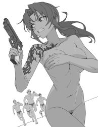 1girl 5boys balding beretta_92 black_lagoon breasts briefs clenched_teeth collarbone covering_breasts covering_privates curtained_hair eightgin female_pubic_hair fingernails greyscale gun handgun hands_up holding holding_gun holding_weapon large_breasts long_hair looking_at_another looking_back male_underwear monochrome multiple_boys navel parted_bangs ponytail pubic_hair revy_(black_lagoon) running shoulder_tattoo simple_background tattoo teeth turning_head underwear v-shaped_eyebrows weapon white_background