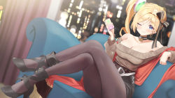 Rule 34 | 1girl, aki rosenthal, aran sweater, belfast (azur lane), belfast (shopping with the head maid) (azur lane), black pantyhose, blonde hair, blush, breasts, cable knit, cellphone, closed mouth, colored skin, couch, crossed legs, detached hair, hair ribbon, highres, holding, holding phone, hololive, large breasts, long hair, looking at viewer, off shoulder, one eye closed, pantyhose, parted bangs, phone, purple eyes, red shawl, ribbon, shawl, short hair, side ponytail, simple background, sitting, smartphone, solo, sweater, twin (tt lsh), virtual youtuber