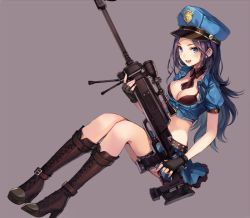 Rule 34 | 1girl, black hair, blue eyes, boots, breasts, caitlyn (league of legends), cleavage, fingerless gloves, full body, gloves, gun, hat, league of legends, long hair, momoko (momopoco), officer caitlyn, rifle, scope, simple background, skirt, smile, solo, weapon