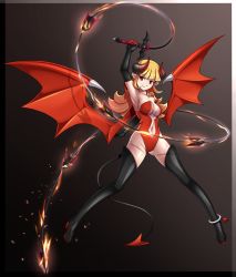 Rule 34 | 1girl, anklet, armpits, bare shoulders, black background, black footwear, black gloves, blonde hair, blunt bangs, boots, border, breast tattoo, breasts, center opening, clothing cutout, collarbone, curled horns, demon girl, demon horns, demon tail, demon wings, elbow gloves, fire, floating, full body, gloves, gluteal fold, highres, horns, jewelry, leg tattoo, leotard, lilith (monster super league), long hair, looking to the side, medium breasts, monster super league, navel, navel cutout, pointy ears, red eyes, red leotard, red wings, smile, solo, tail, tattoo, thigh boots, thighhighs, whip, wings
