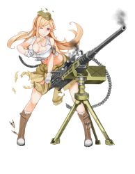 Rule 34 | .50 bmg, 1girl, ammunition, ammunition belt, anti-materiel cartridge, belt-fed, blonde hair, boots, breasts, browning m2, bullet, clothes around waist, crop top, dog tags, front-tie top, full-power cartridge, full body, garrison cap, girls&#039; frontline, gun, hat, heavy machine gun, highres, hmg cartridge, jacket, jacket around waist, large breasts, looking at viewer, m2hb (girls&#039; frontline), m9 link, machine gun, magnum cartridge, match grade ammunition, midriff, military cartridge, official art, one eye closed, parted lips, personification, rifle cartridge, solo, standing, supersonic ammunition, torn clothes, torn jacket, transparent background, weapon