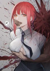 Rule 34 | 1boy, 1girl, bad id, bad pixiv id, black pants, blood, blood splatter, bra, bra peek, braid, braided ponytail, breasts, business suit, chainsaw man, cleavage, collared shirt, covering another&#039;s mouth, deep wound, expressionless, formal, glassjill, grabbing, grabbing another&#039;s breast, grey background, hand over another&#039;s mouth, high-waist pants, highres, injury, large breasts, looking at viewer, makima (chainsaw man), necktie, neckwear request, office lady, pants, red hair, ringed eyes, shirt, shirt tucked in, sidelocks, solo focus, suit, unbuttoned, underwear, yellow eyes