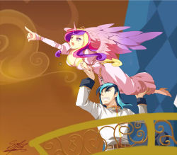 Rule 34 | 1boy, 1girl, aqua eyes, artist request, breasts, couple, dress, high heels, horns, long hair, multicolored hair, my little pony, my little pony: friendship is magic, open mouth, personification, cadance (my little pony), purple eyes, shining armor, single horn, two-tone hair, wings