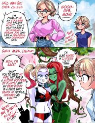 1boy 3girls batman batman_(series) blonde_hair breasts colored_skin colored_tips dc_comics green_skin grs- harley_quinn highres leotard mother_and_daughter multicolored_hair multiple_girls poison_ivy red_hair speech_bubble stated_homosexuality twintails white_skin yuri