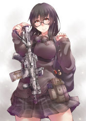 Rule 34 | 1girl, ayyh, between breasts, breasts, brown hair, camouflage, cardigan, gun, highres, magazine (weapon), pouch, red eyes, rifle, rifle cartridge, school uniform, solo, weapon