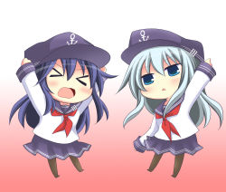 Rule 34 | &gt; &lt;, 10s, 2girls, absurdres, akatsuki (kancolle), blue eyes, blue hair, closed eyes, hat, hibiki (kancolle), highres, kantai collection, kashiwadokoro, long hair, multiple girls, outstretched arms, pantyhose, personification, pleated skirt, school uniform, serafuku, silver hair, skirt, triangle mouth