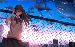 Rule 34 | 1girl, adjusting hair, bad id, bad pixiv id, bow, bowtie, brown eyes, brown hair, brown skirt, chain-link fence, cityscape, cloud, cowboy shot, dutch angle, fence, glasses, highres, light rays, machinery, original, outdoors, parted lips, pleated skirt, short sleeves, skirt, solo, sunlight, suusuke, sweater vest