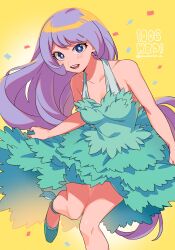 Rule 34 | 1girl, blue dress, blue eyes, blue hair, boku no hero academia, bright pupils, confetti, dress, hadou nejire, highres, long hair, looking at viewer, mommorua, official alternate costume, solo, very long hair, white pupils