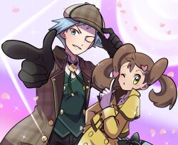 Rule 34 | 1boy, 1girl, ;), ;o, bag, black gloves, blue eyes, blue hair, brown coat, brown hair, brown headwear, buttons, coat, collared shirt, creatures (company), game freak, gloves, green eyes, green vest, hair ornament, hand on own hip, hat, heart, heart hair ornament, highres, holding, holding clothes, holding hat, index finger raised, jacket, key hair ornament, long hair, long sleeves, looking at viewer, nintendo, official alternate costume, one eye closed, open clothes, open coat, petals, plaid, plaid coat, plaid headwear, pointing, pointing at viewer, pokemon, pokemon masters ex, saon101, shauna (pokemon), shauna (special costume) (pokemon), shirt, short hair, shoulder bag, skirt, smile, steven stone, steven stone (special costume), twintails, upper body, vest, white gloves, white shirt, yellow jacket, yellow skirt