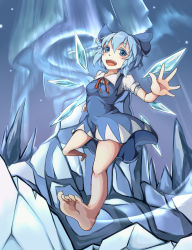 Rule 34 | 1girl, ascot, aurora, blue eyes, blue hair, bow, cirno, dress, female focus, flying, grasspainter, hair bow, highres, ice, ice wings, kusatsuta, matching hair/eyes, night, night sky, open mouth, ribbon, short hair, sky, smile, solo, touhou, wings